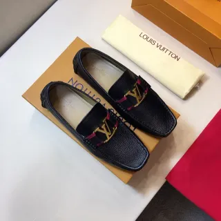 Louis Vuitton LV लोफर काला लाल दानेदार चमड़ा धातु का बकल लोफर