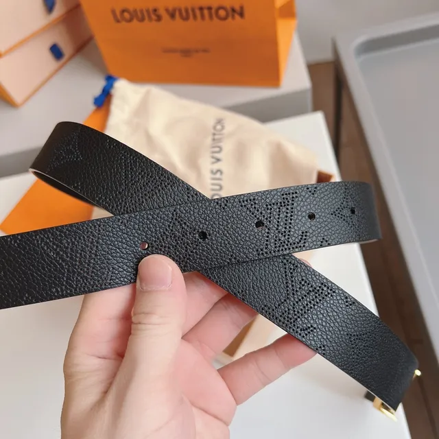 Louis Vuitton LV Monogram Belt جلد أسود بلوري مشبك ذهبي حزام جلد 4