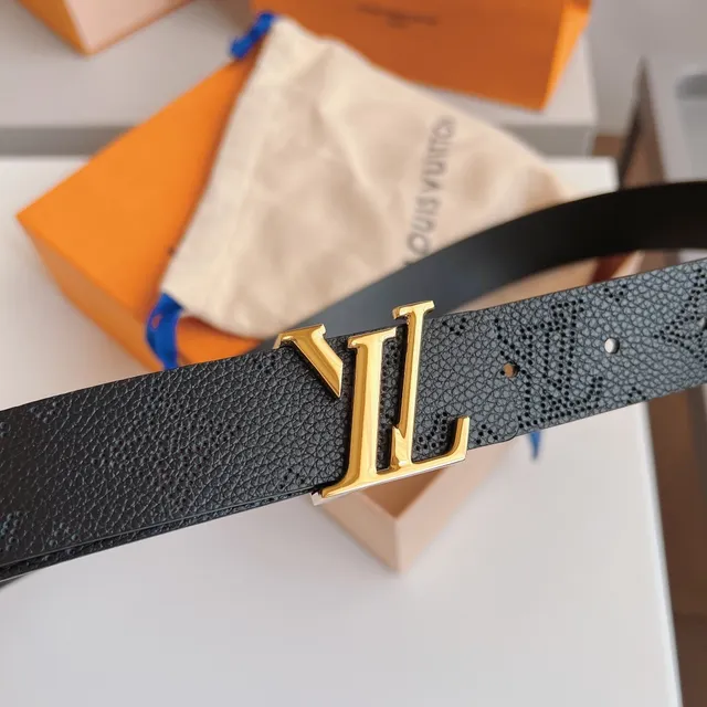 Louis Vuitton LV Monogram Belt جلد أسود بلوري مشبك ذهبي حزام جلد 6