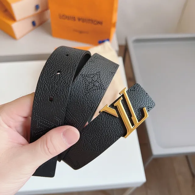 Louis Vuitton LV Monogram Belt جلد أسود بلوري مشبك ذهبي حزام جلد 8