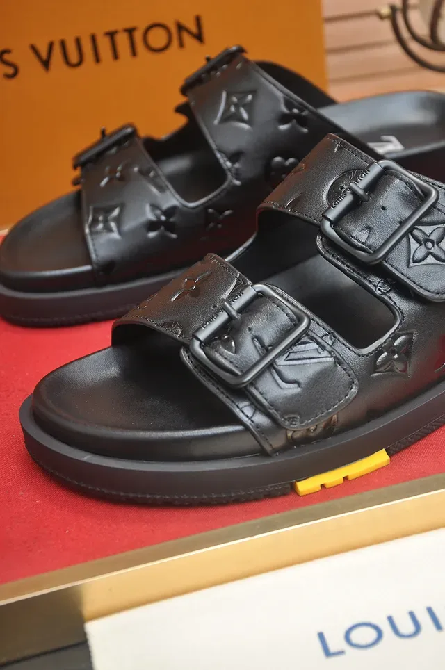 Louis Vuitton LV Slide Black Embossed Monogram Buckle Slippers 2