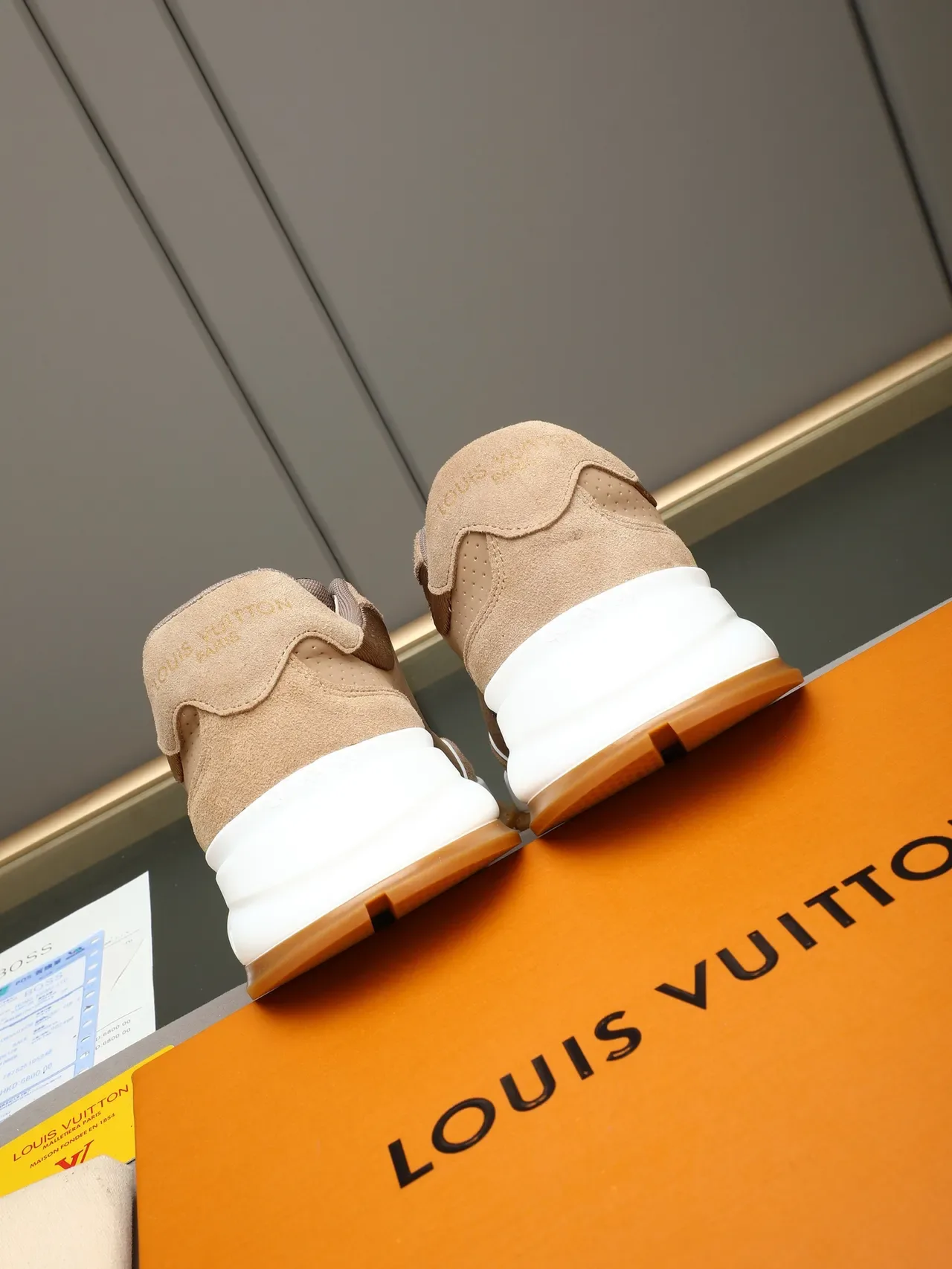 Louis Vuitton LV Trainer Beige White Perforated Suede Upper Embossed Monogram Logo Lifestyle Sneakers 3