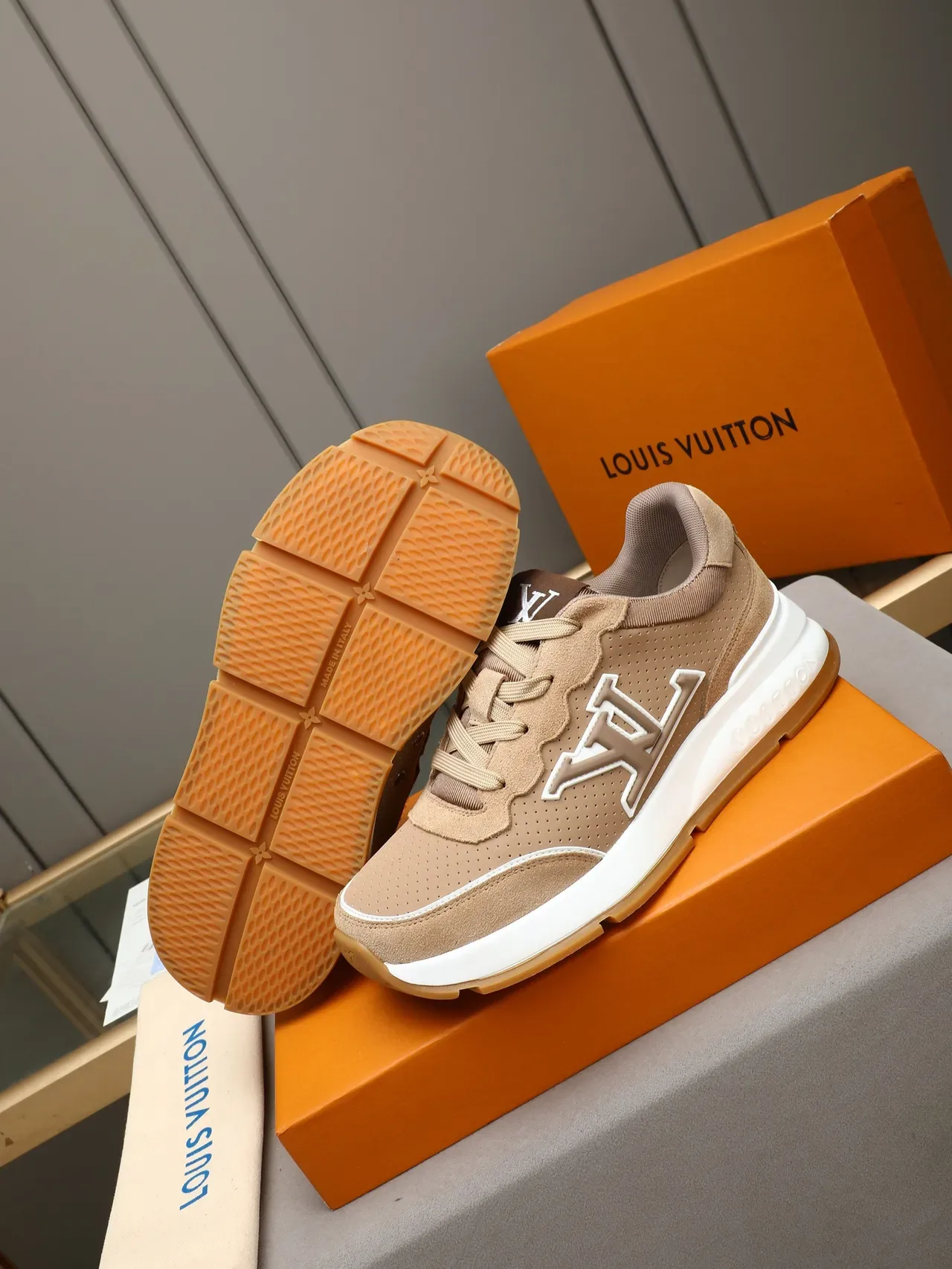 Louis Vuitton LV Trainer Beige White Perforated Suede Upper Embossed Monogram Logo Lifestyle Sneakers 4