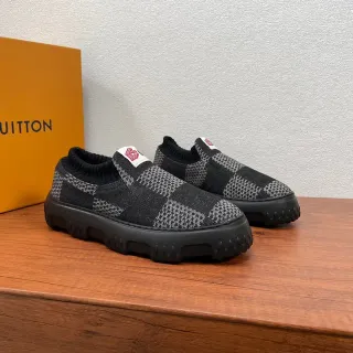 Louis Vuitton LV Trainer Black Gray Knit Slip-On Checkerboard Pattern Chunky Sneakers