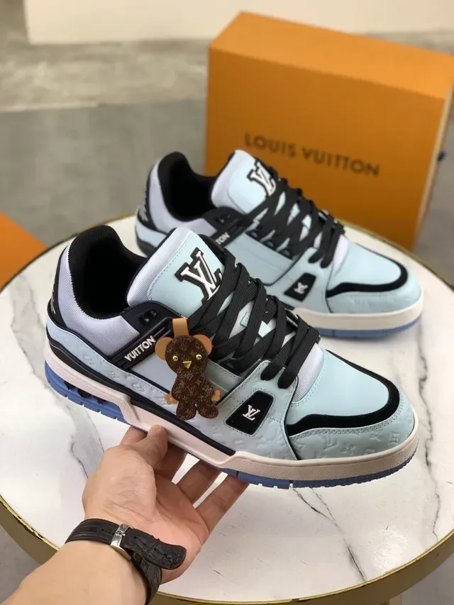 لويس فتوون LV Trainer أحذية رياضية أسلوب حياة أزرق أسود مونوغرام جلد علوي رباط مزدوج 4