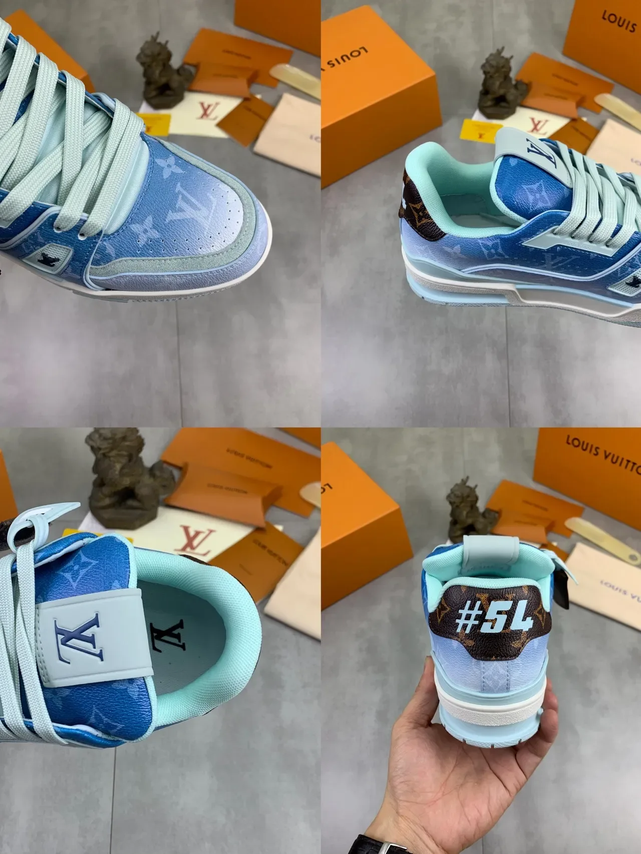 Louis Vuitton LV Trainer Monograma Azul Verde Gradiente Forro Menta Superior Sneakers Lifestyle 2