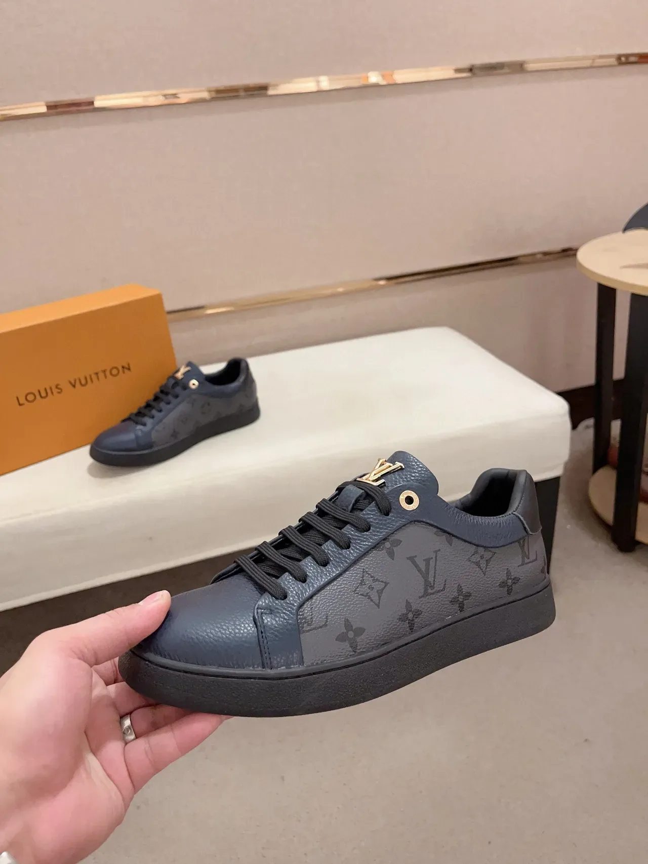 Louis Vuitton LV Trainer Navy Black Monogram Leather Low-Top Lifestyle Sneakers 4