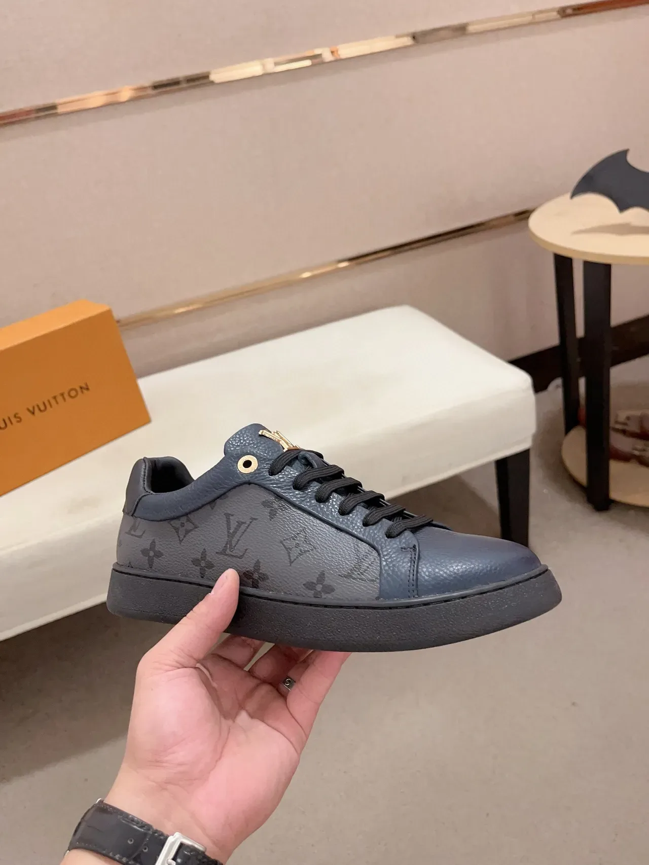 Louis Vuitton LV Trainer Navy Black Monogram Leather Low-Top Lifestyle Sneakers 5