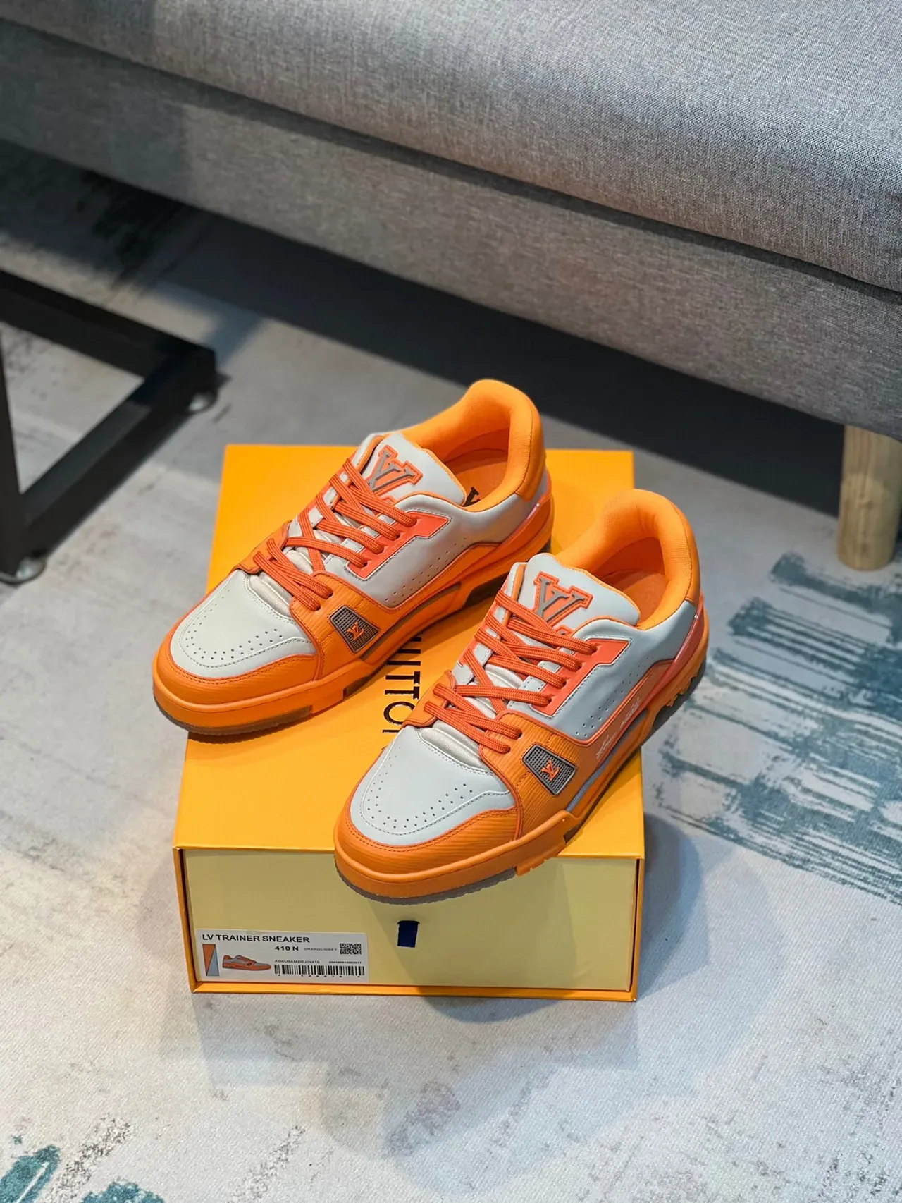 Louis Vuitton LV Trainer برتقالي رمادي منخفض القدمين متعدد الطبقات جلد وميكرونايت لايف ستايل سنايكرز 7