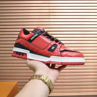 Louis Vuitton LV Trainer Zapatillas Rojo Negro Monograma-Embossed Cuero Suela En Capas Lifestyle Sneakers