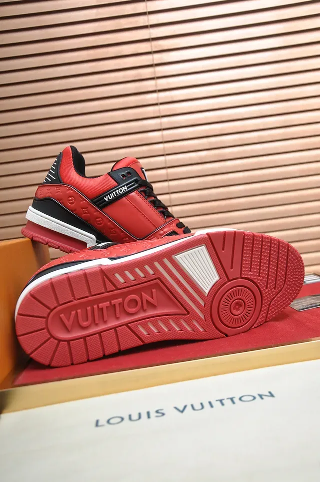 Louis Vuitton LV Trainer Tênis Vermelho Preto Monograma-Embossed Couro Solado Multicamadas Lifestyle Sneakers 3