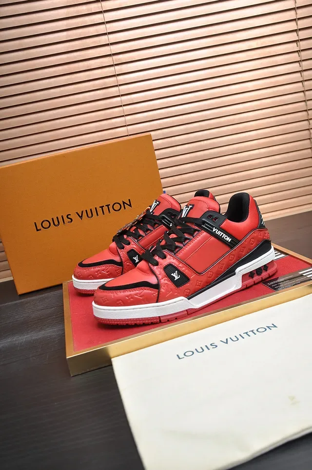 Louis Vuitton LV Trainer Tênis Vermelho Preto Monograma-Embossed Couro Solado Multicamadas Lifestyle Sneakers 4
