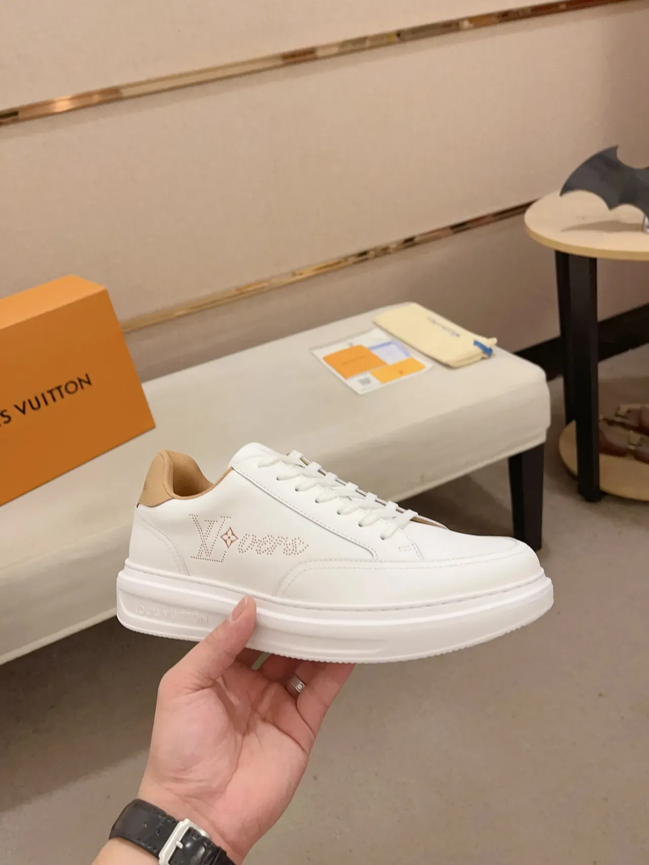 Louis Vuitton LV Trainer White Beige Perforated Monogram Platform Sole Lifestyle Sneakers 4