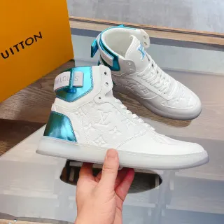 Louis Vuitton LV Trainer Tênis Lifestyle Branco e Azul de Couro com Monograma de Topo Alto