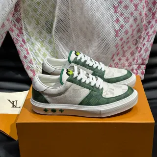 Louis Vuitton LV Trainer Tênis Lifestyle Branco Verde Couro Perfurado Painéis de Lona Monograma