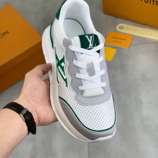 Louis Vuitton LV Trainer Blanco Verde Malla Perforada Cubiertas de Cuero Gris Zapatillas Lifestyle
