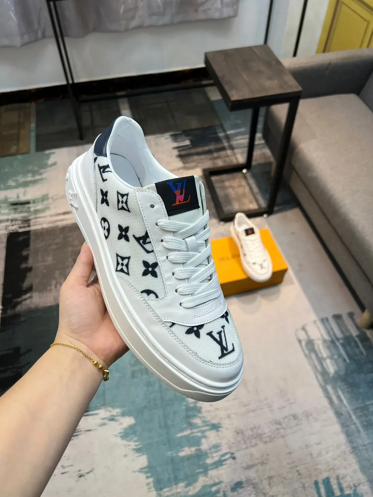 Louis Vuitton LV Trainer White Navy Monogram Canvas Leather Accents Lifestyle Sneakers 6
