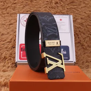 Louis Vuitton Monogram Negro Oro LV Hebilla Cinturón de Cuero