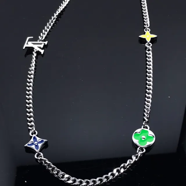 Louis Vuitton Monogram Flower Enamel LV Logo Silver Necklace 3