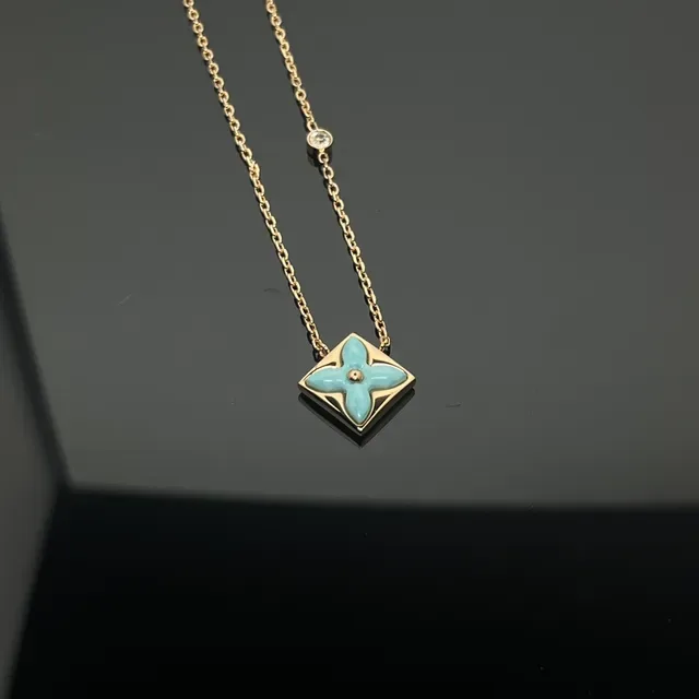 Louis Vuitton Monogram Flower Light Blue Enamel Gold-Tone Necklace 3