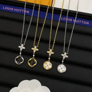 Colar Louis Vuitton Monograma Floral Prata Ouro Quatrofolha Pingente Cristal Pavé