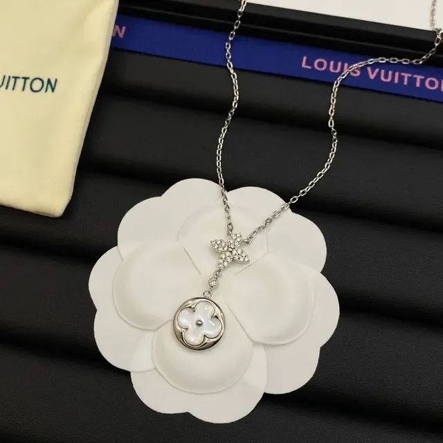 Colar Louis Vuitton Monograma Floral Prata Ouro Quatrofolha Pingente Cristal Pavé 6