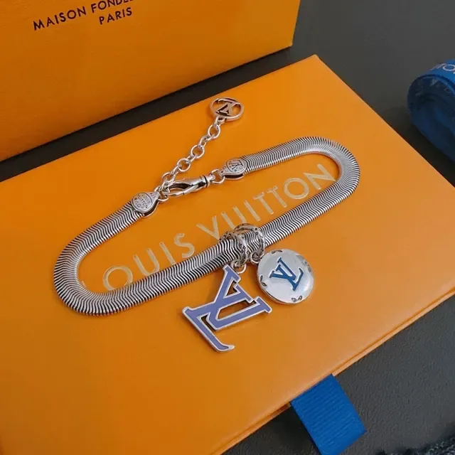 Louis Vuitton Monogram Jewelry Silver Blue Snake-Chain Enamel-Charm Bracelet 5