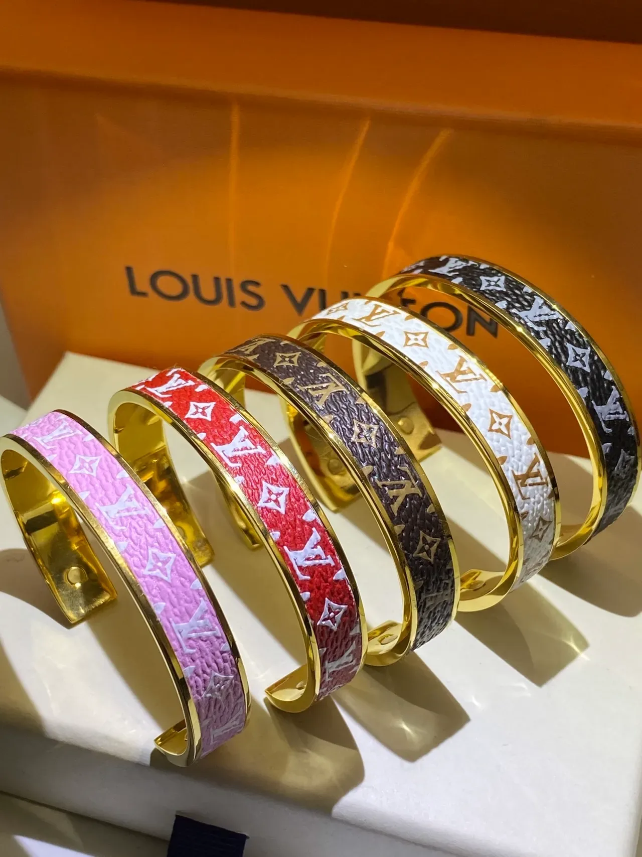 Louis Vuitton Monogram Leather Bangle Pink White Red Brown Black Gold Bracelets 1