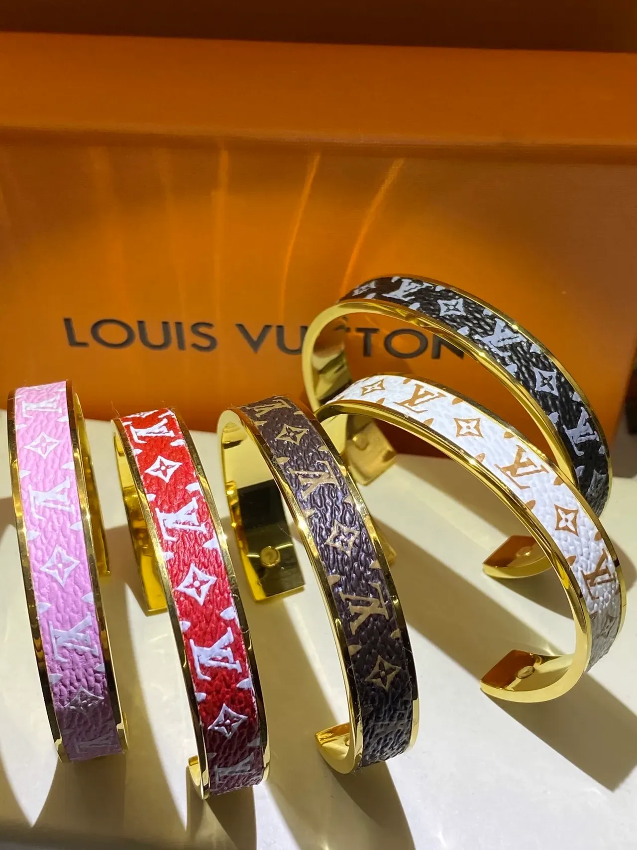 Louis Vuitton Monogram Leather Bangle Pink White Red Brown Black Gold Bracelets 4