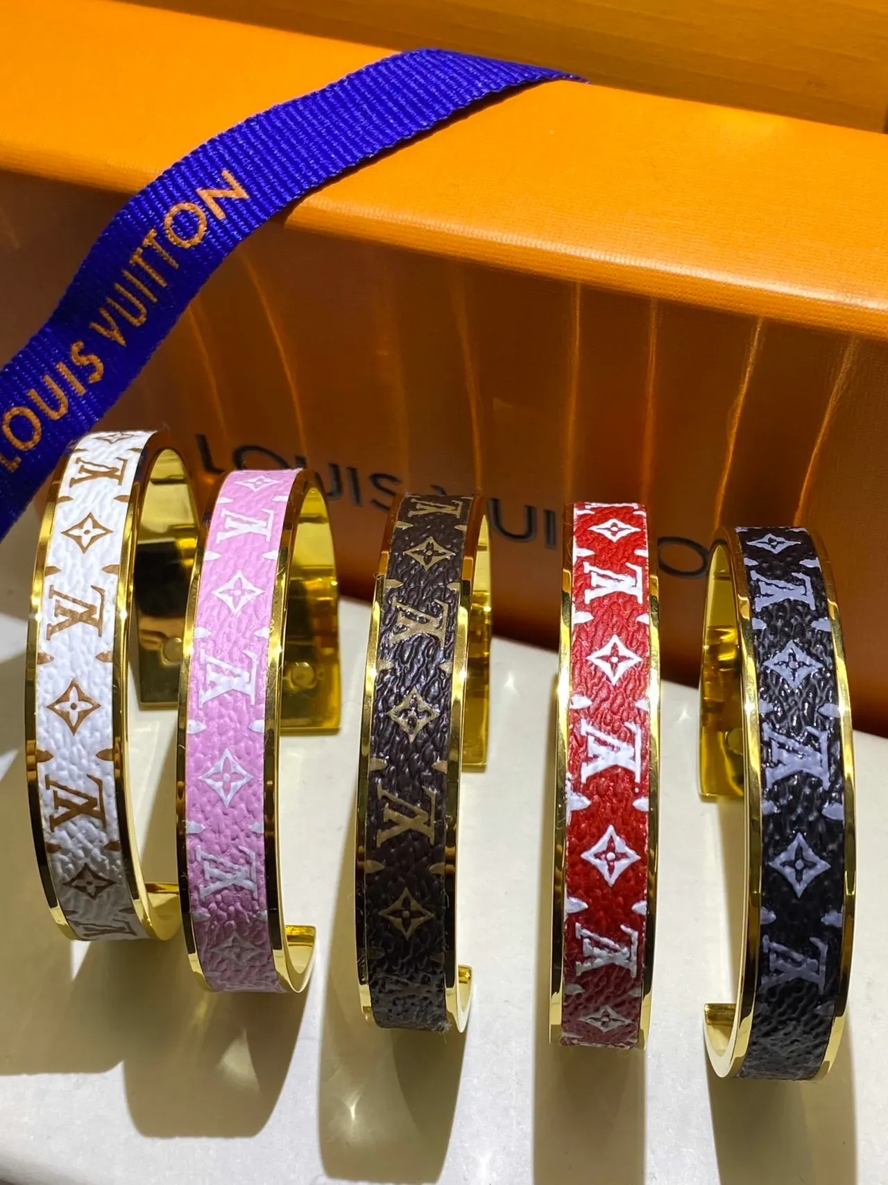 Louis Vuitton Monogram Leather Bangle Pink White Red Brown Black Gold Bracelets 5
