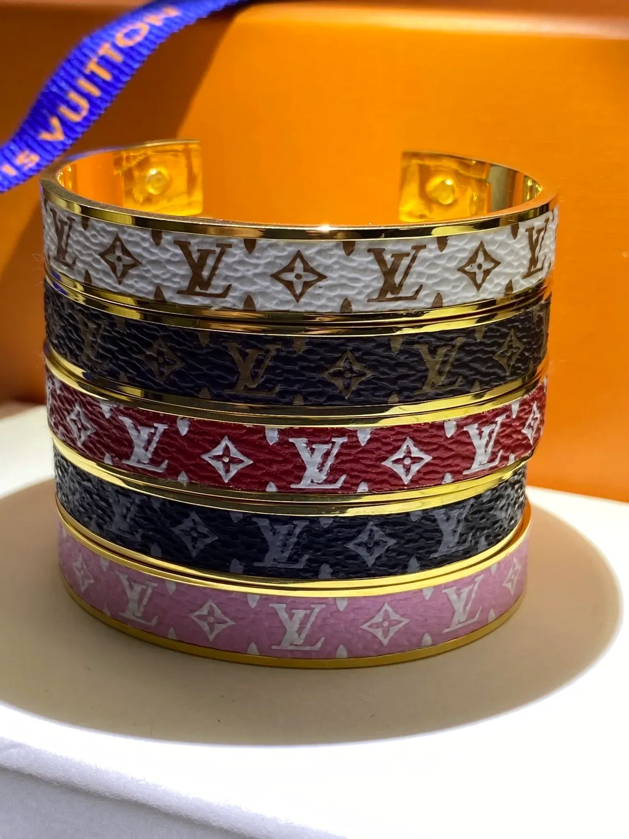 Louis Vuitton Monogram Leather Bangle Pink White Red Brown Black Gold Bracelets 6