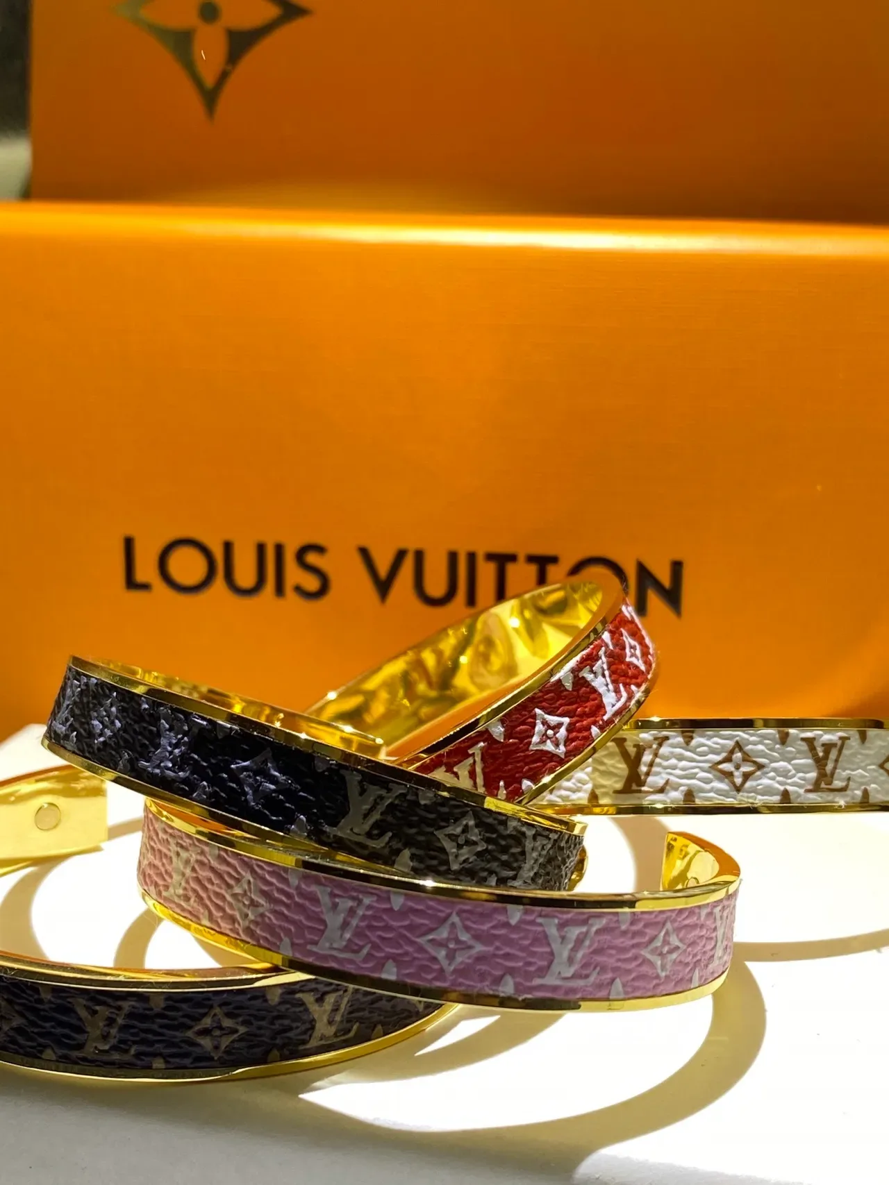 Louis Vuitton Monogram Leather Bangle Pink White Red Brown Black Gold Bracelets 7