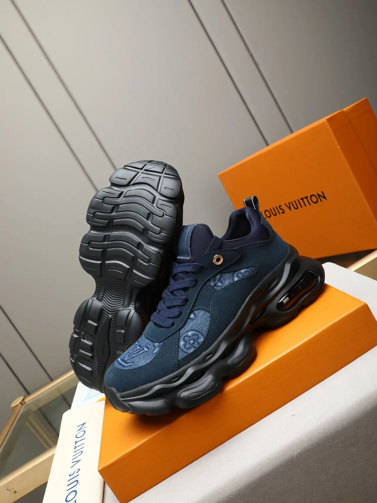 Louis Vuitton Navy Blue Oversized Wavy Sole Monogrammed Textile Panels Chunky Sneakers 5
