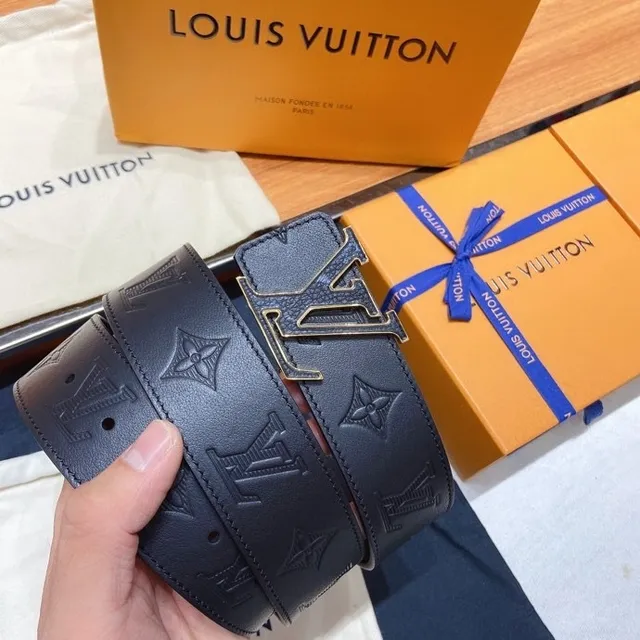 Louis Vuitton Navy Gold Oversized Metallic LV Buckle Embossed Monogram Leather Belt 6
