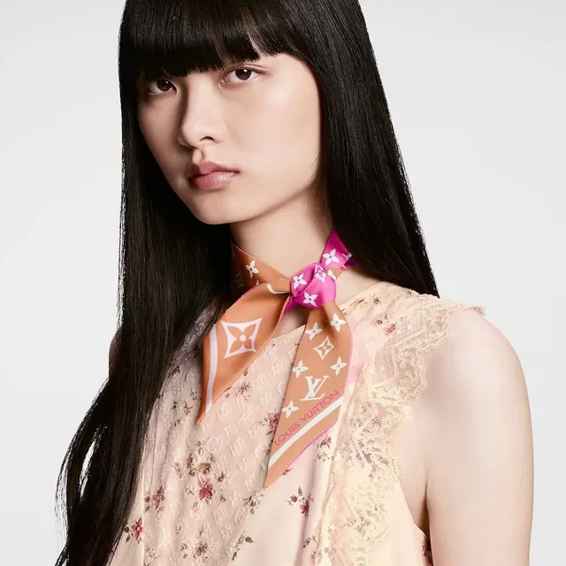 Louis Vuitton Pink Orange Monogram-Print Silk Scarf 3