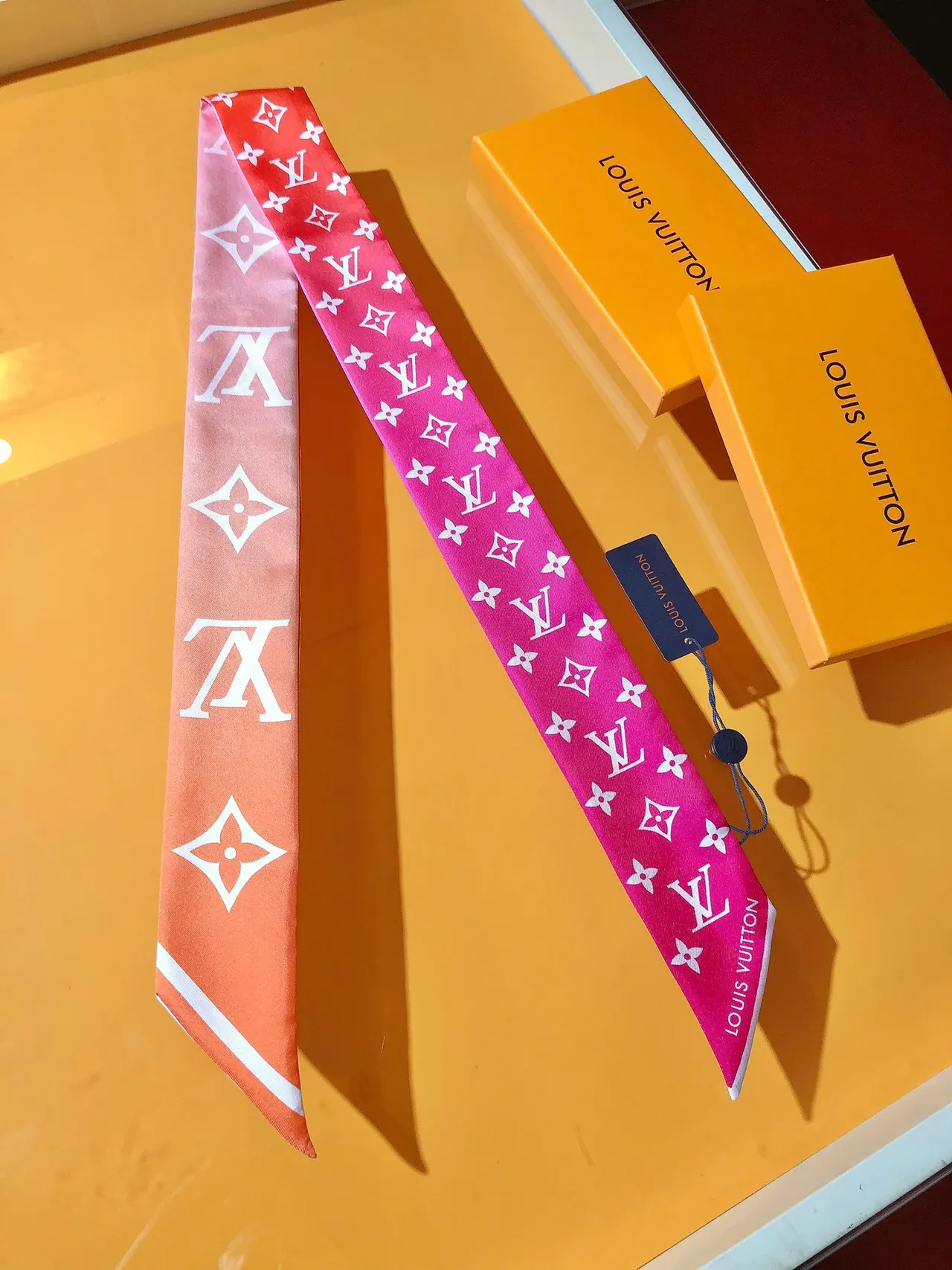 Louis Vuitton Pink Orange Monogram-Print Silk Scarf 5