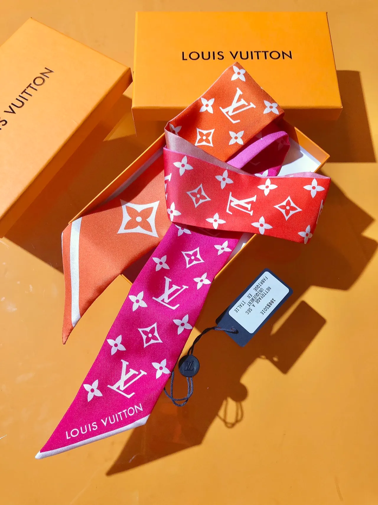 Louis Vuitton Pink Orange Monogram-Print Silk Scarf 6