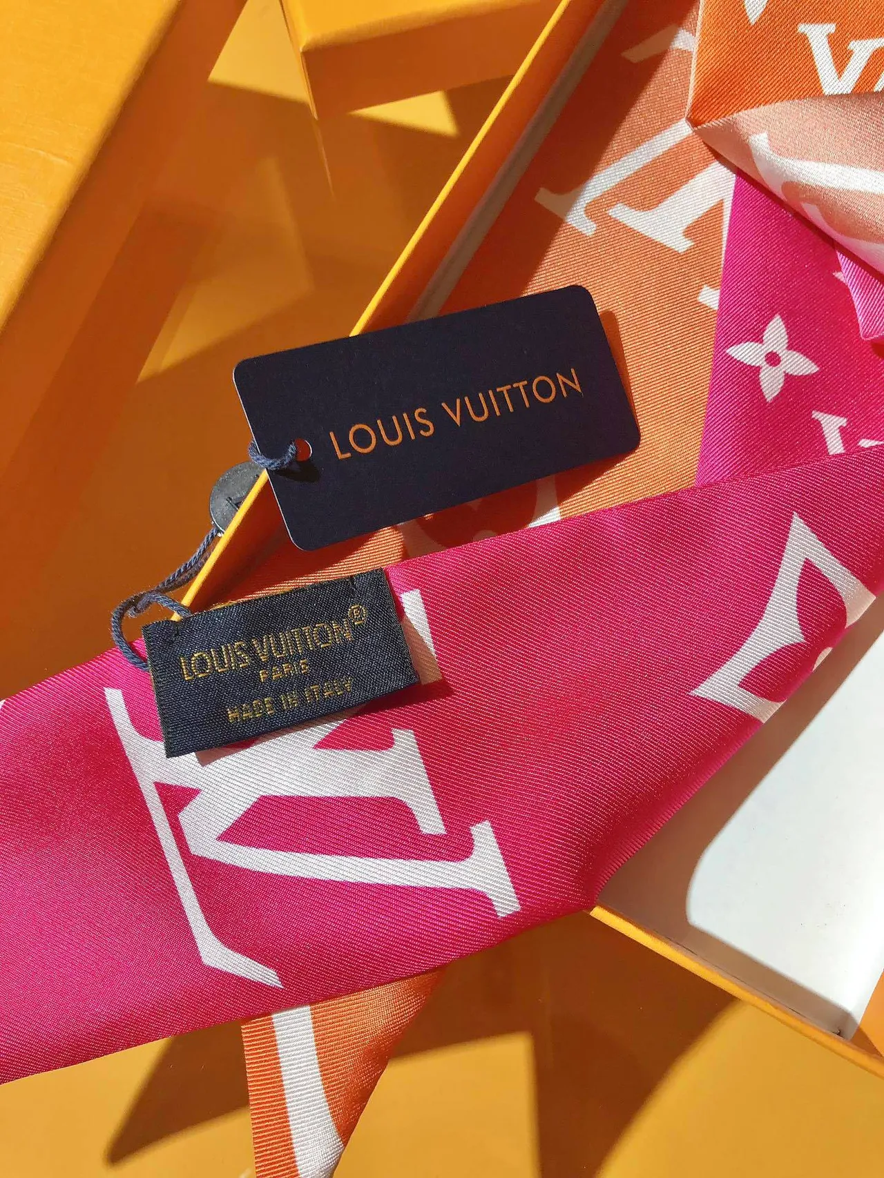 Louis Vuitton Pink Orange Monogram-Print Silk Scarf 7