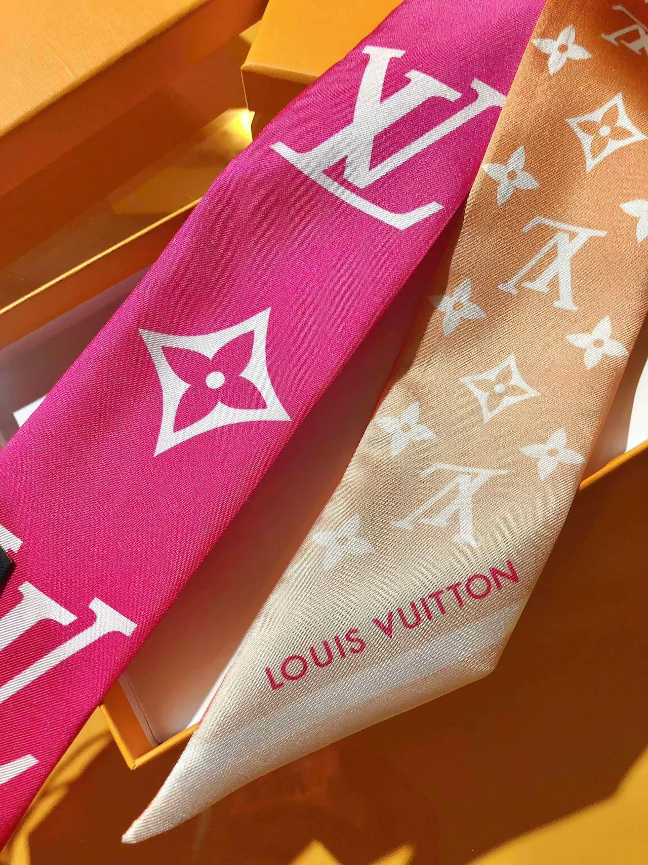 Louis Vuitton Pink Orange Monogram-Print Silk Scarf 8