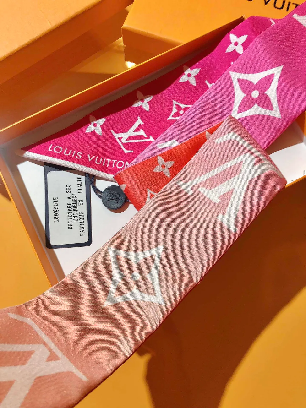 Louis Vuitton Pink Orange Monogram-Print Silk Scarf 9