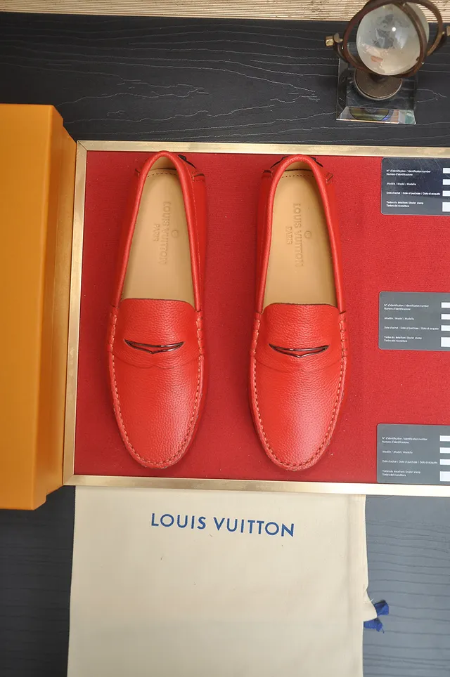 Louis Vuitton Red Black Pebbled Leather Penny Strap Loafer 5