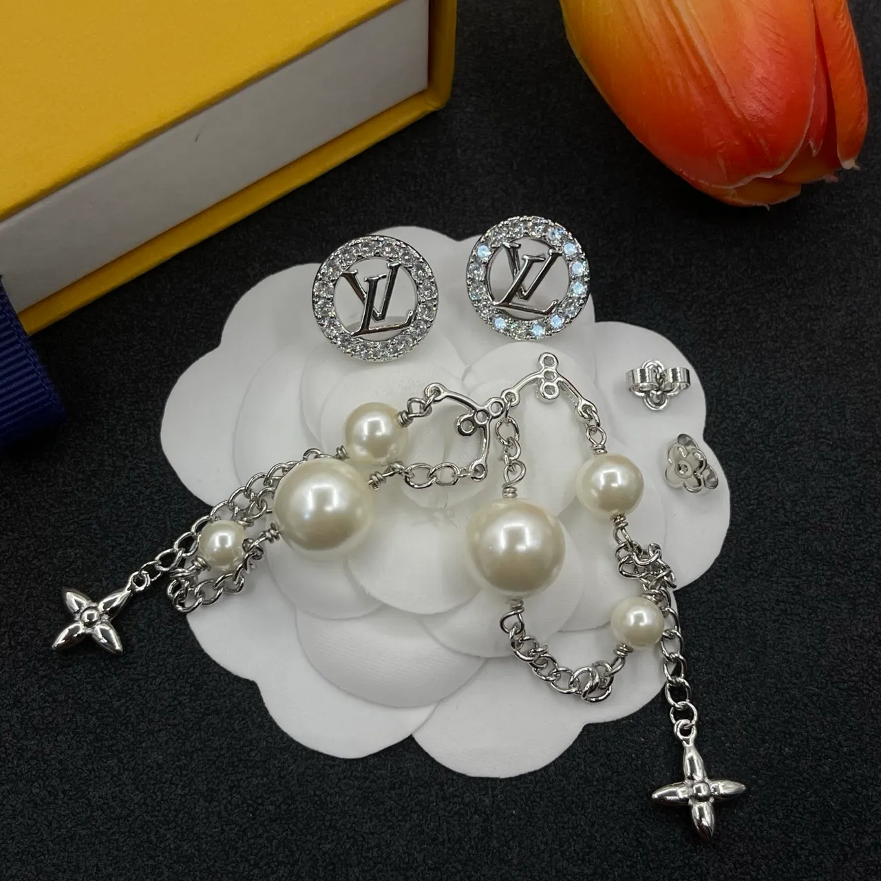 Louis Vuitton Silver White Monogram-Stud Pearl-Drop Earrings 4