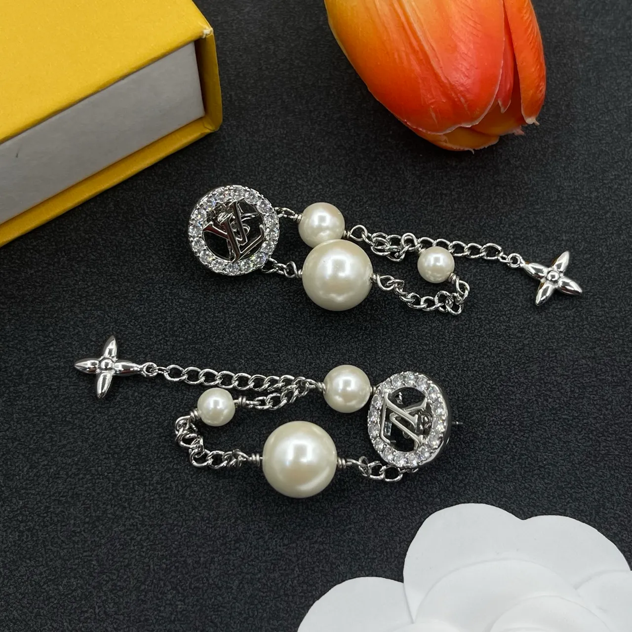 Louis Vuitton Silver White Monogram-Stud Pearl-Drop Earrings 6