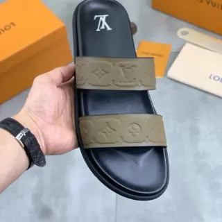 Louis Vuitton Slide Preto Bege Sola de Borracha Moldada Tiras Monograma Embossadas