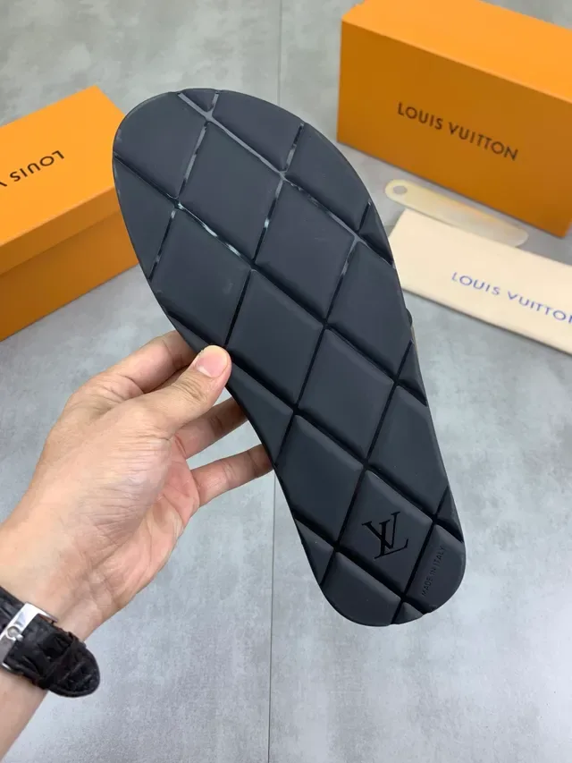 Louis Vuitton Slide Black Beige Molded Rubber Sole Embossed Monogram Straps Slippers 2