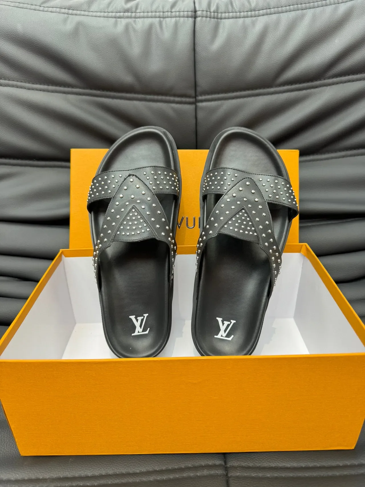 Louis Vuitton Slide Black Silver Studded Crisscross Strap Slippers 5