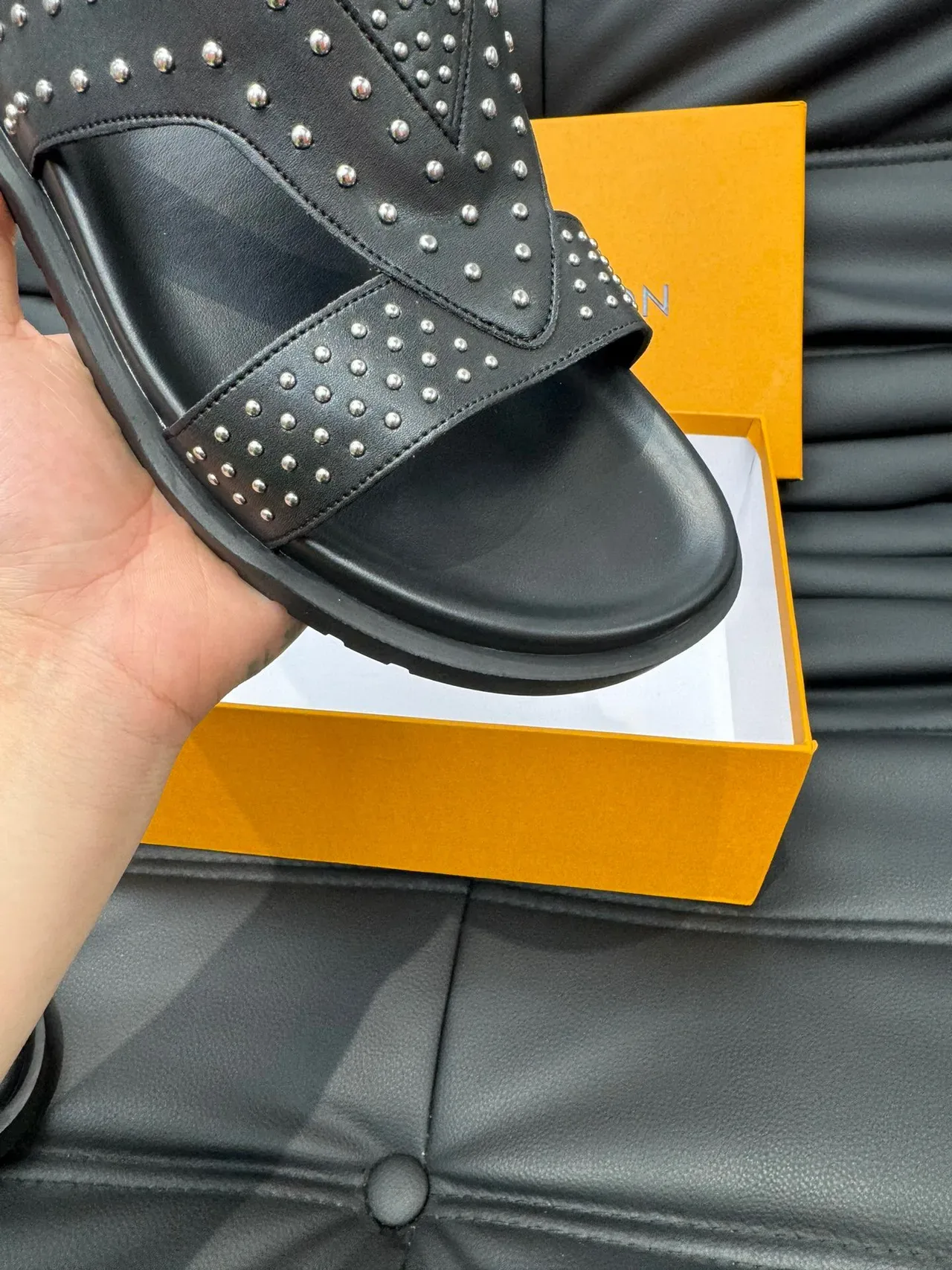 Louis Vuitton Slide Black Silver Studded Crisscross Strap Slippers 7