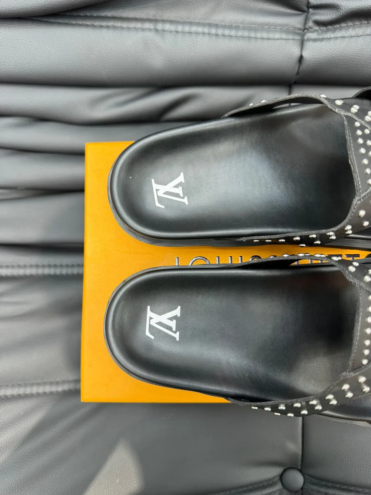 Louis Vuitton Slide Black Silver Studded Crisscross Strap Slippers 8