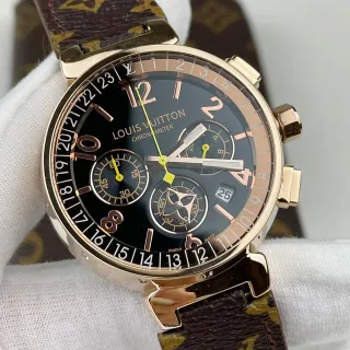 Louis Vuitton Tambour Chronograph Black Dial Rose Gold Case Monogram Strap Mechanical Watch