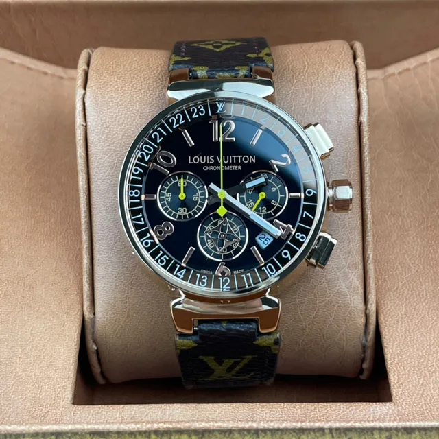 Louis Vuitton Tambour Chronograph काला डायल Rose Gold केस मोनोग्राम स्ट्रैप यांत्रिक घड़ी 2